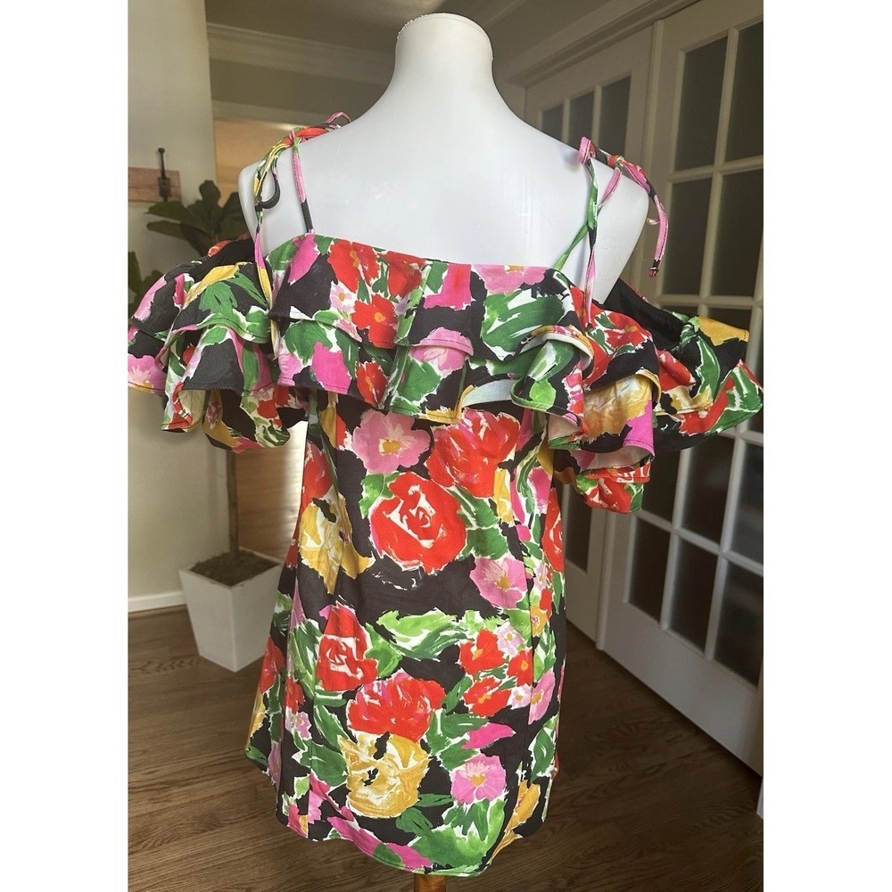 Topshop Cotton Blend Bold Floral Ruffle Off Shoulder Bardot Mini Dress Size 8 - Picture 5 of 6